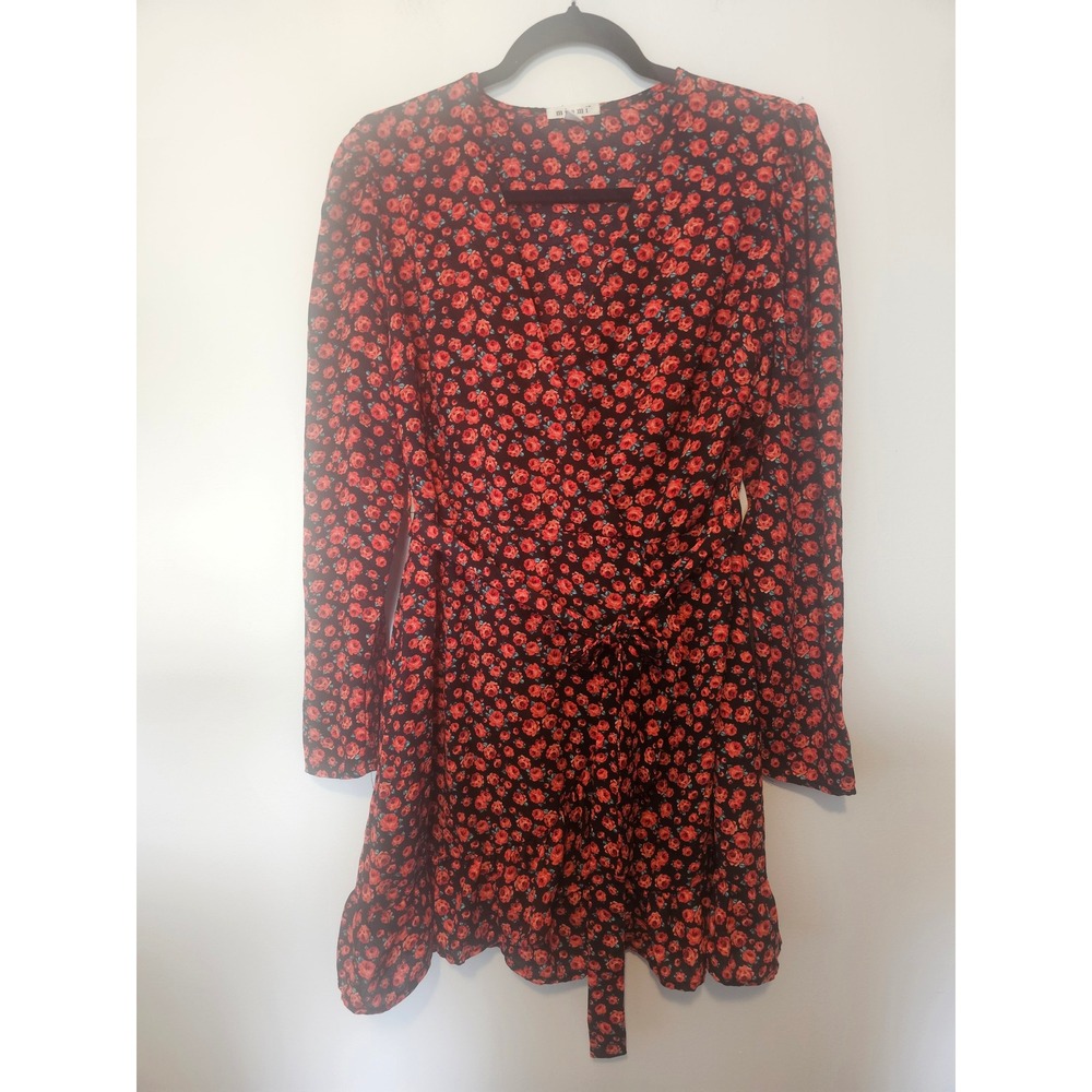 Cottagecore Miami Floral Wrap Mini Dress Womens Large Red Black Rose‎ Ruffle Hem